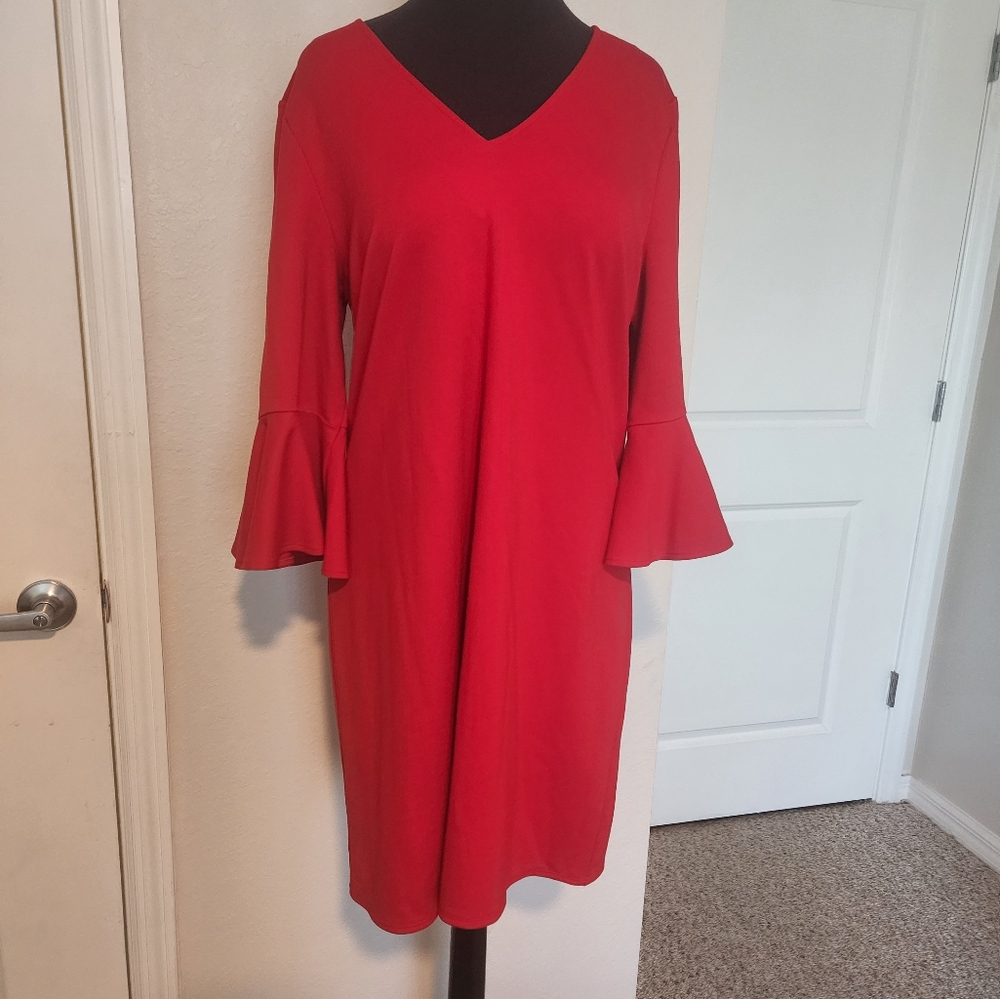 Jude Connally Red V-Neck Dress with Bell Sleeves - Picture 2 of 10